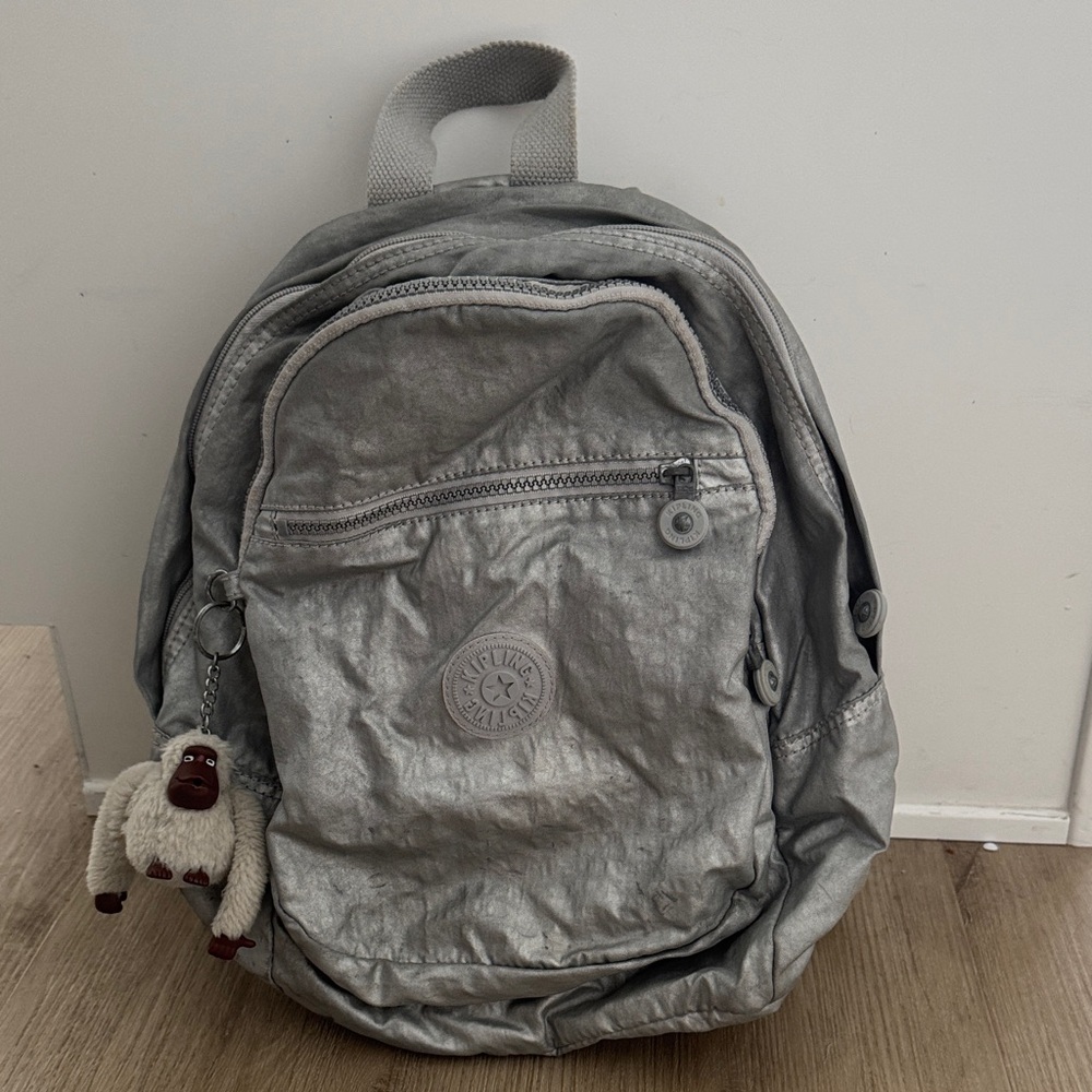 Kipling Metallic Silver Backpack With Monkey Charm - image 2